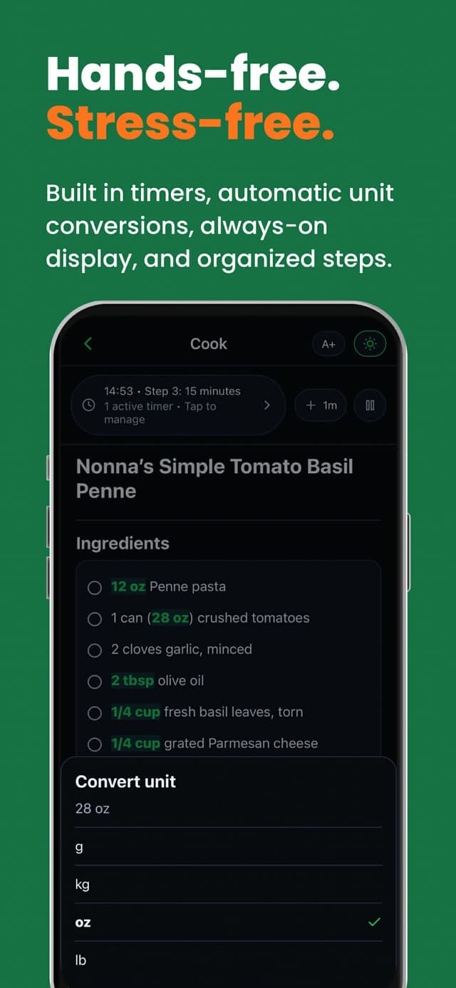 Cook Mode — hands-free cooking with timers and unit conversions